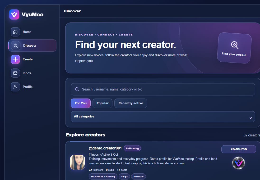 VyuMee Discover on desktop, captured from the working web app
