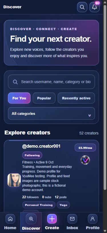 VyuMee Discover on mobile, showing a labelled demo creator profile